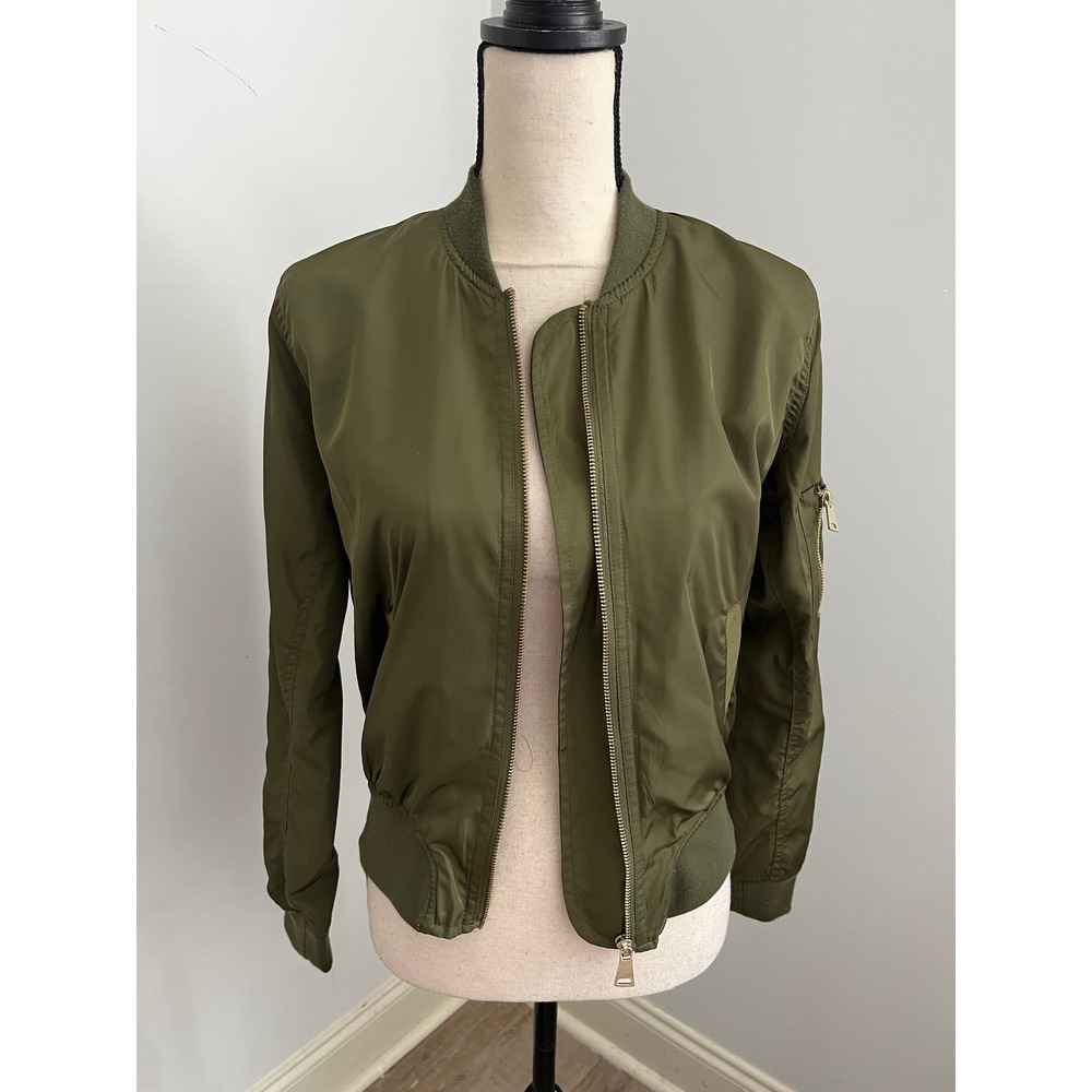 Heart & Hips Olive Green Bomber Jacket Small Utility Y2K Military Satin Gorpcore